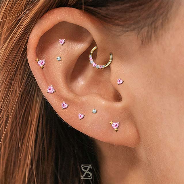 Pink Bubble Hexagon Flower Sparkling Custom Pierced Ear Lobe Stud Earrings