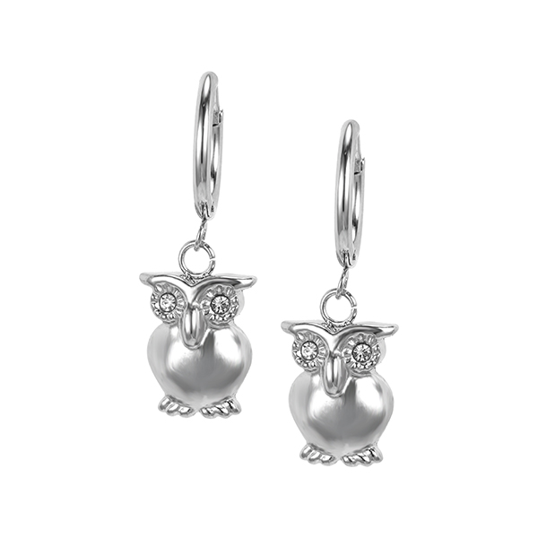 ER008 316 Stainless Steel Little Zircon Owl Pendant Drop Earrings