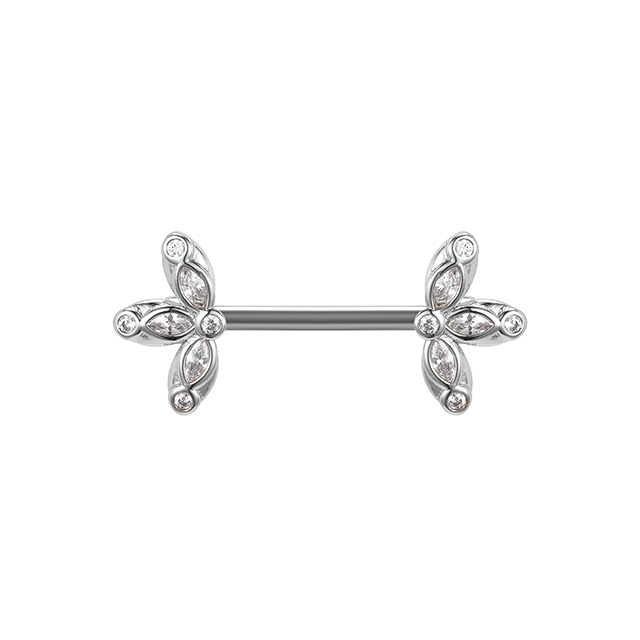 Stainless Steel Dual Flowers Zircon Nipple Ring