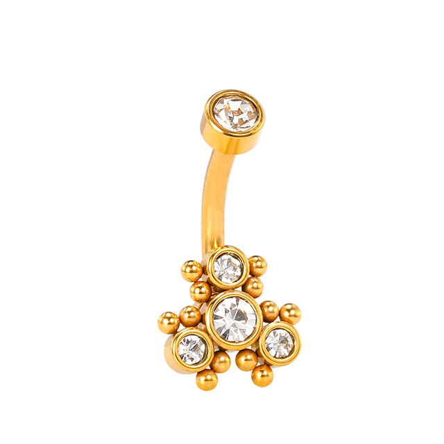 Stainless steel gold-tone diamond-studded belly button ring