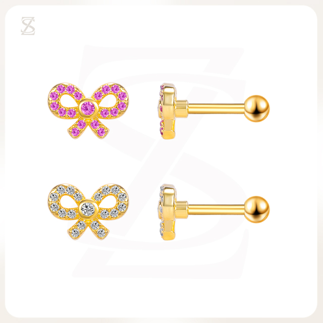 Pink Bubble Bow Custom Pierced Ear Lobe Stud Earrings